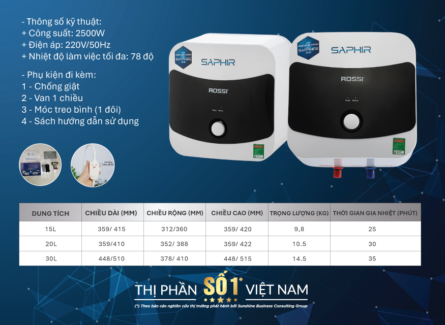 Bình nước nóng Rossi Saphir 15/20/30 (vuông) 5