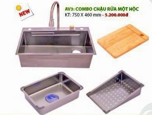 Combo chậu rửa inox Hwata 1 hộc vuông AV3 + vòi + rổ + thớt + chậu - Ảnh 1